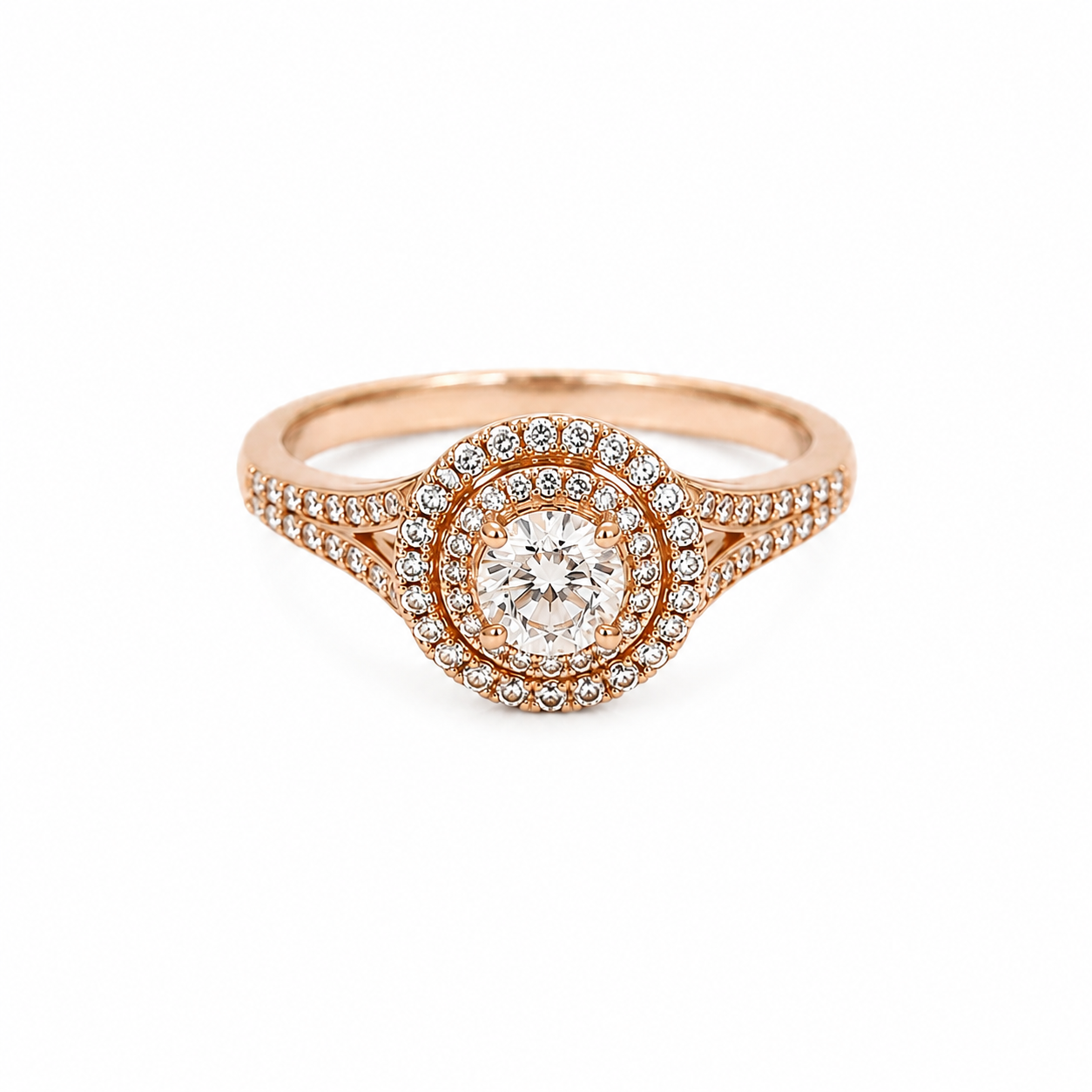 Bague double entourage en or rose et diamants – 1,34 carat