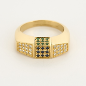 Bague en or jaune et centre pivotant serti de diamants, rubis, émeraudes et saphirs