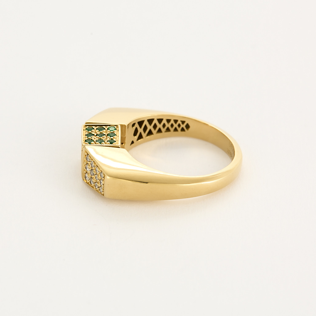 Bague en or jaune et centre pivotant serti de diamants, rubis, émeraudes et saphirs