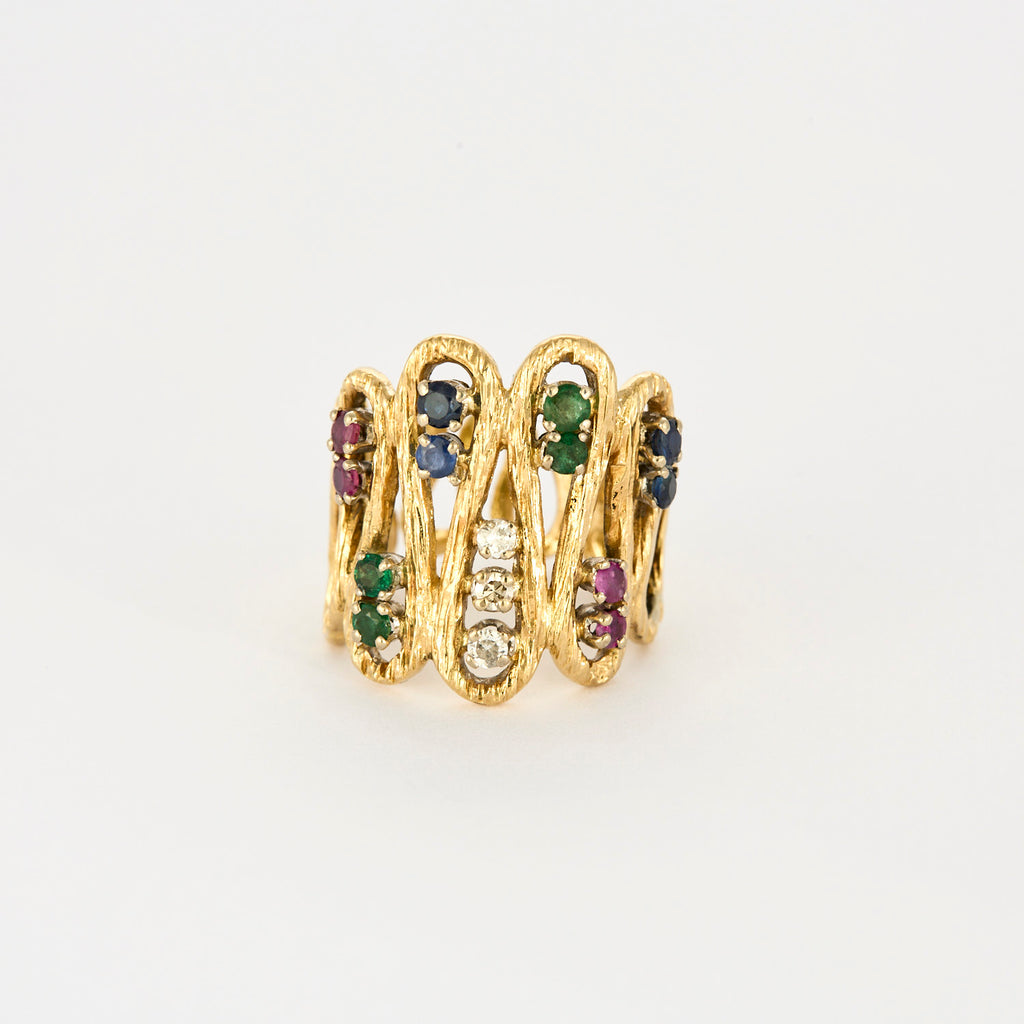 Bague en or jaune ciselé, diamants, rubis, saphirs et émeraudes