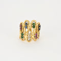 Bague en or jaune ciselé, diamants, rubis, saphirs et émeraudes