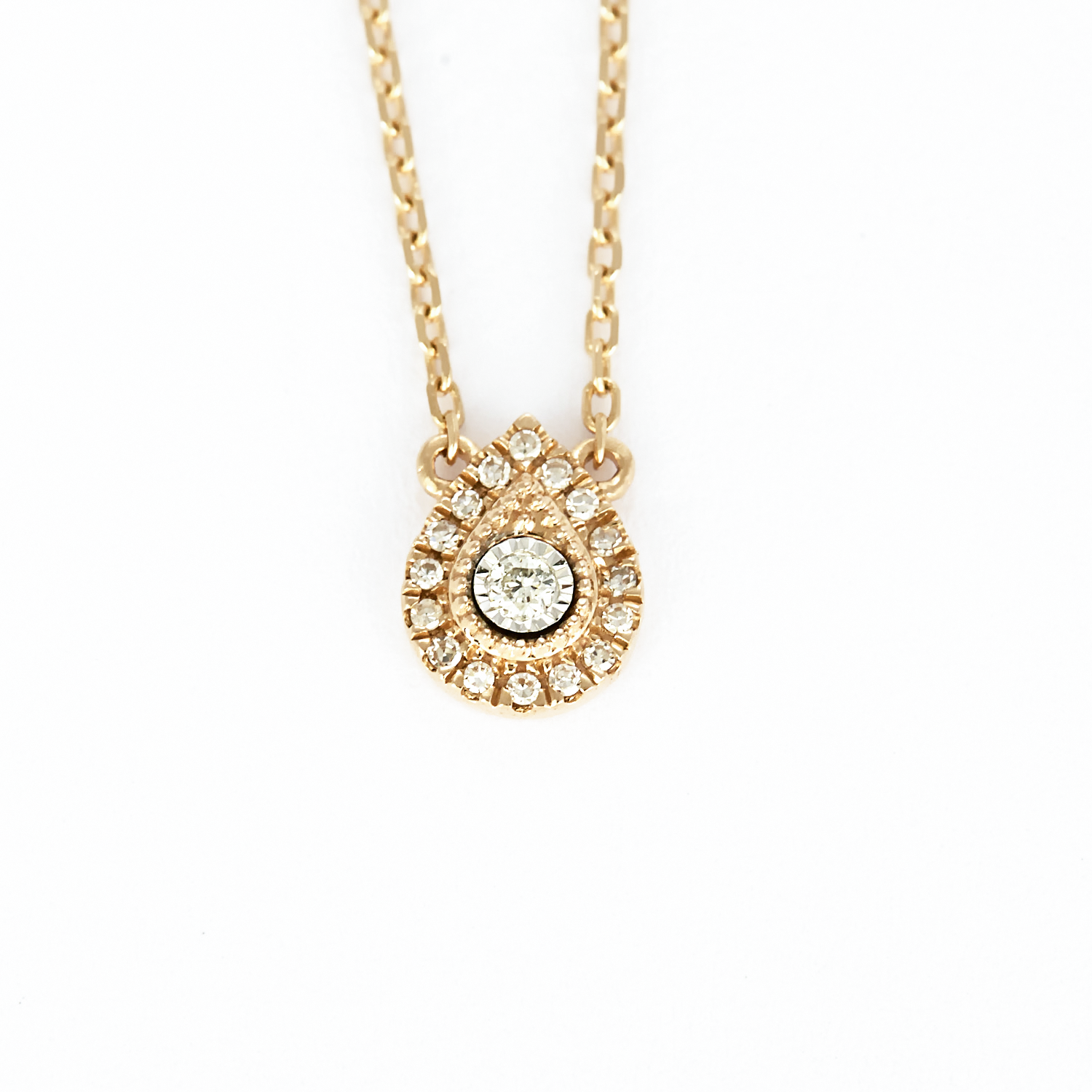Collier mini poire en or rose et diamants.