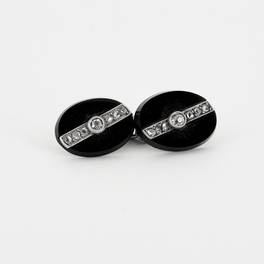 Bontons de manchettes 1930 en onyx et diamants.