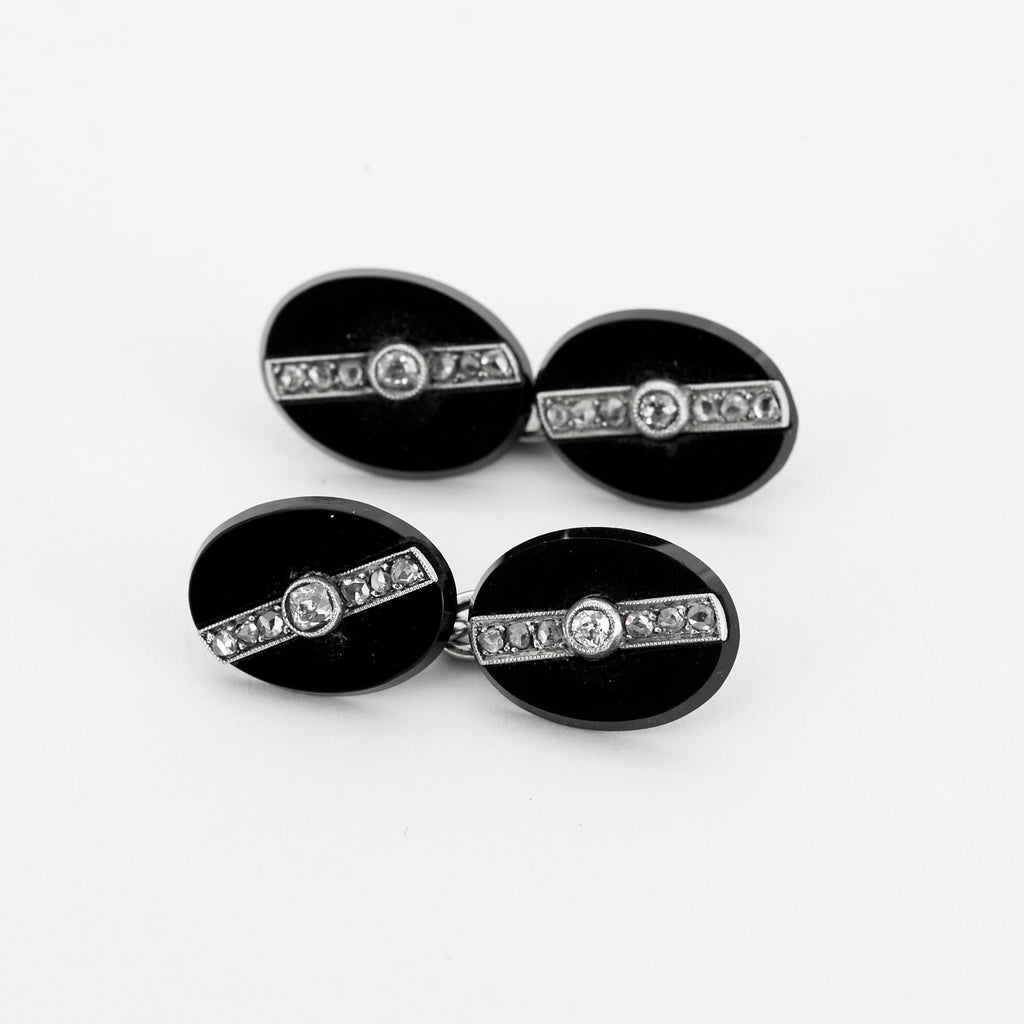 Bontons de manchettes 1930 en onyx et diamants.
