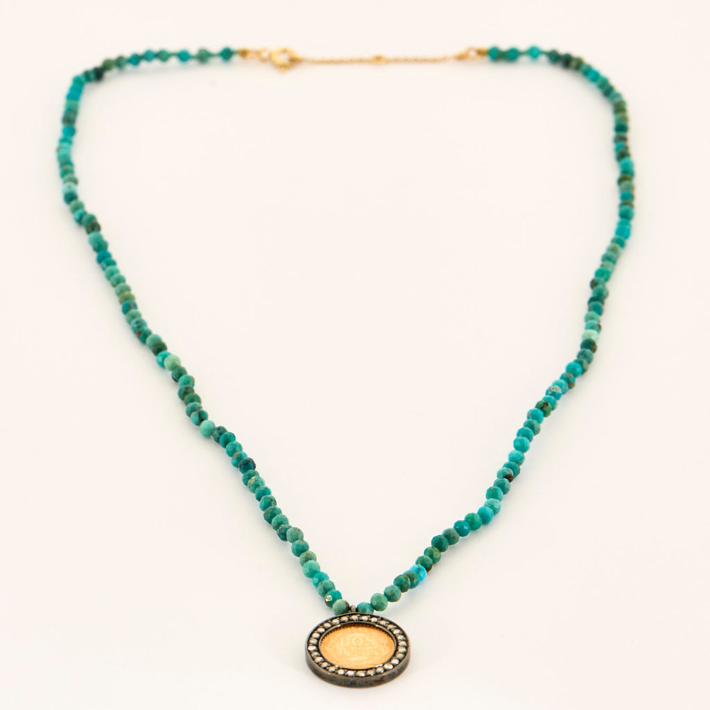 Collier pièce 2 Pesos en diamants, or et argent.