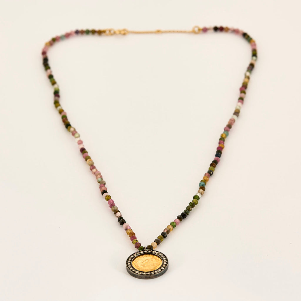 Collier pièce 2 Pesos, diamants or et argent.