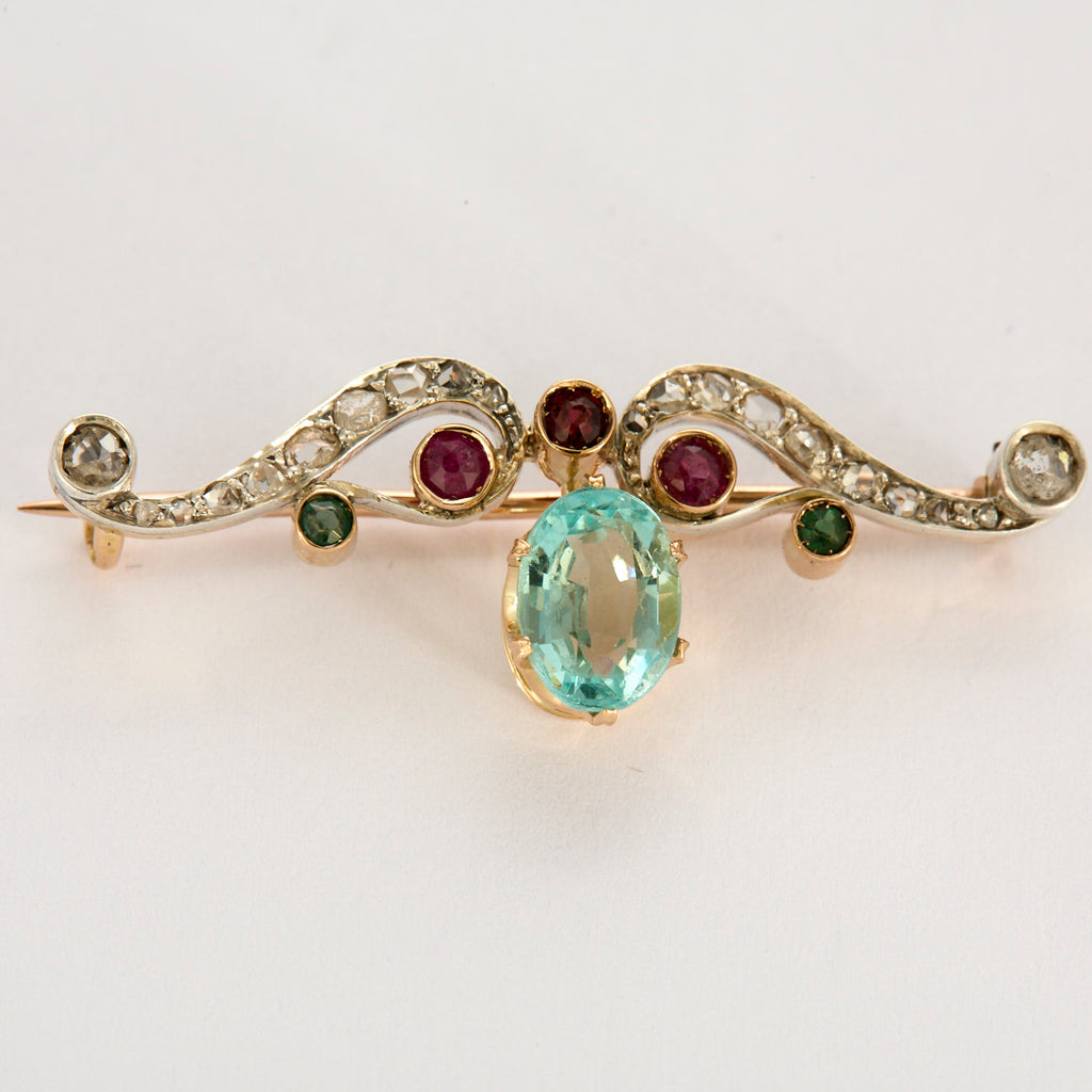 Broche fin XIX pierre bleue turquoise en or et diamants