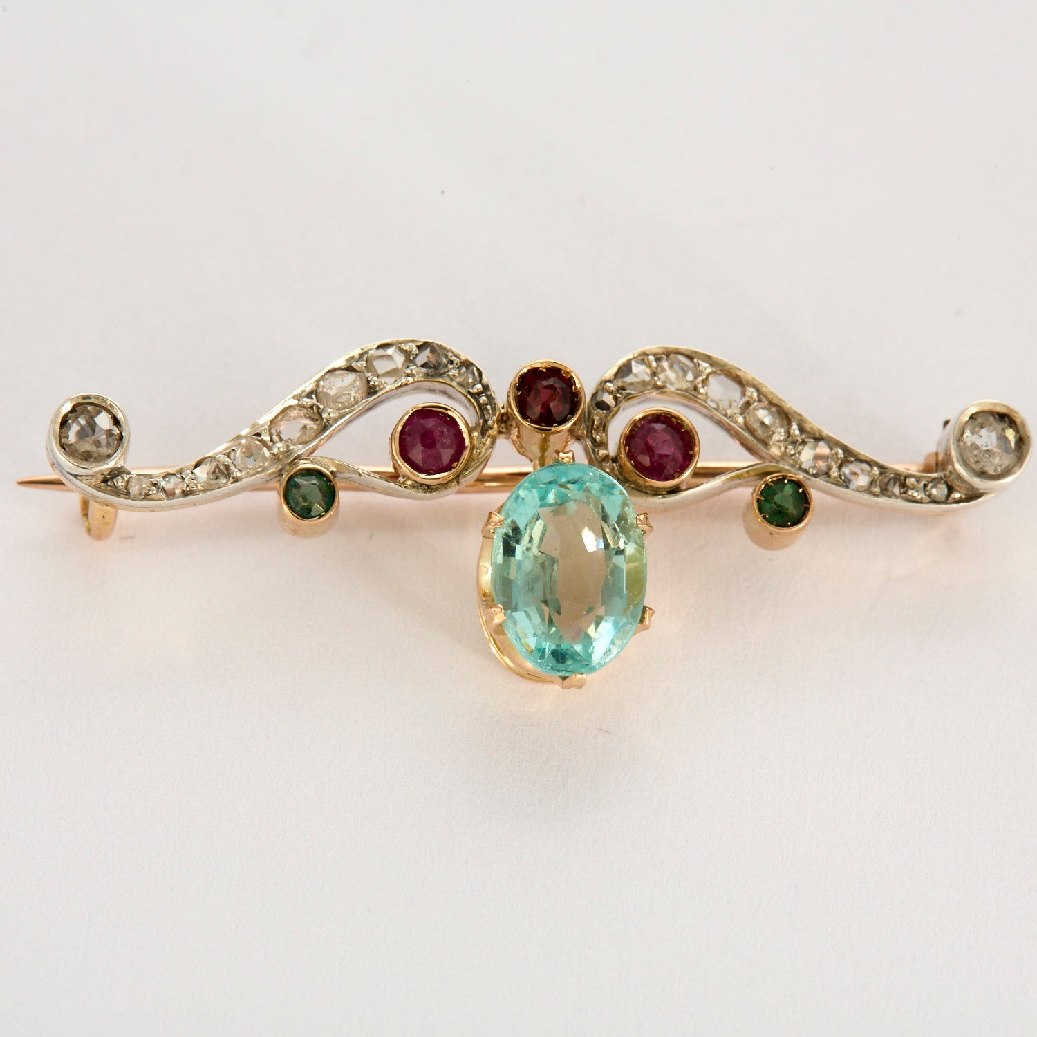 Broche fin XIX pierre bleue turquoise en or et diamants