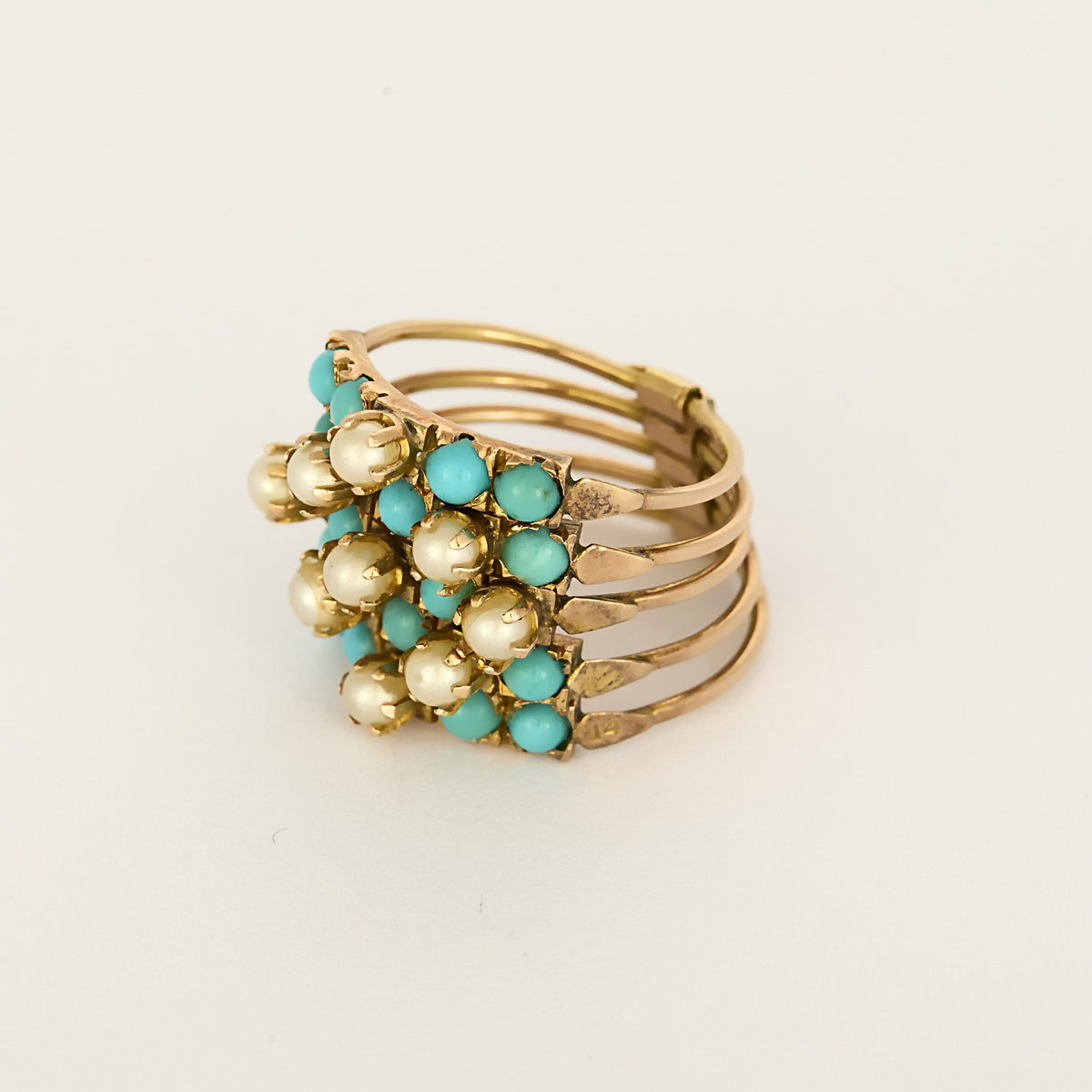 Bague Semanier vintage en or jaune, turquoises et perles