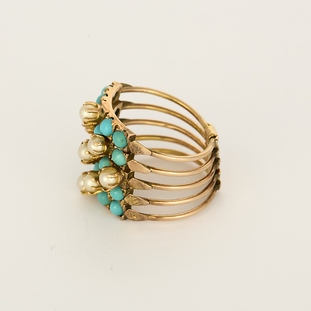 Bague Semanier vintage en or jaune, turquoises et perles