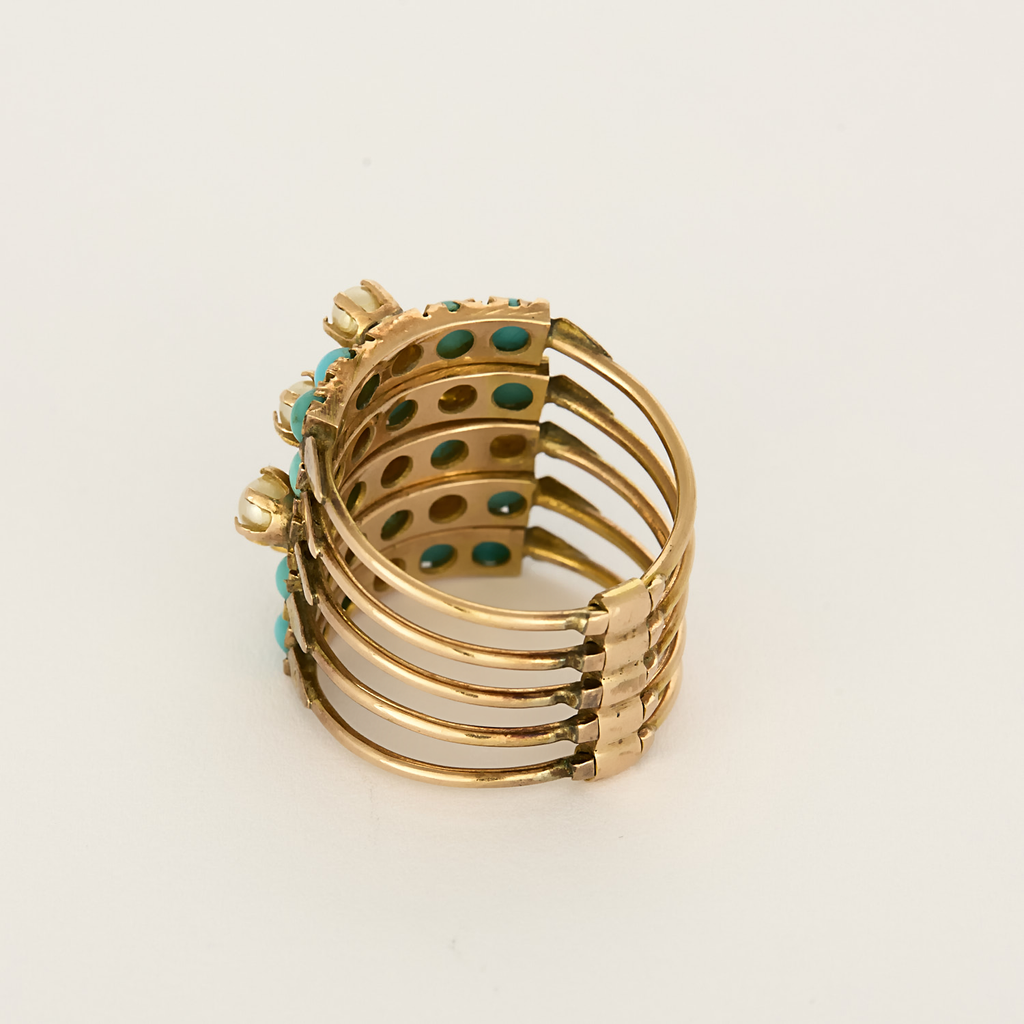 Bague Semanier vintage en or jaune, turquoises et perles
