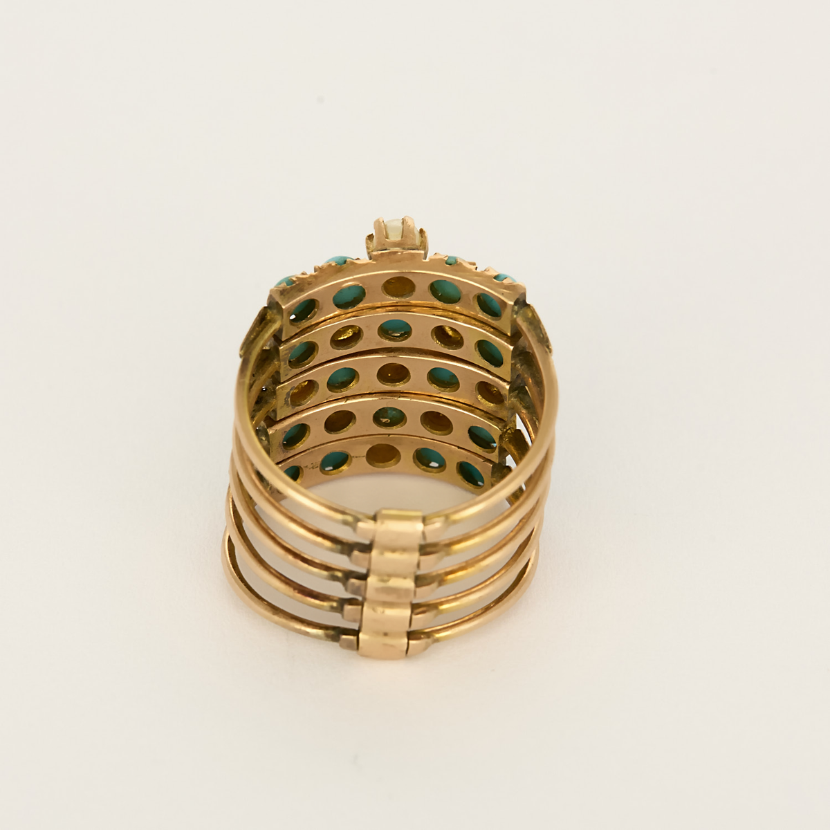 Bague Semanier vintage en or jaune, turquoises et perles