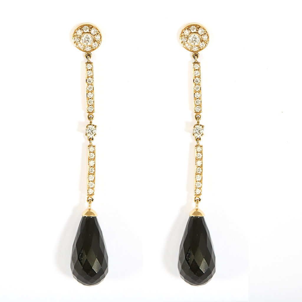 Boucles d'oreilles pendantes or rose, diamants et onyx.