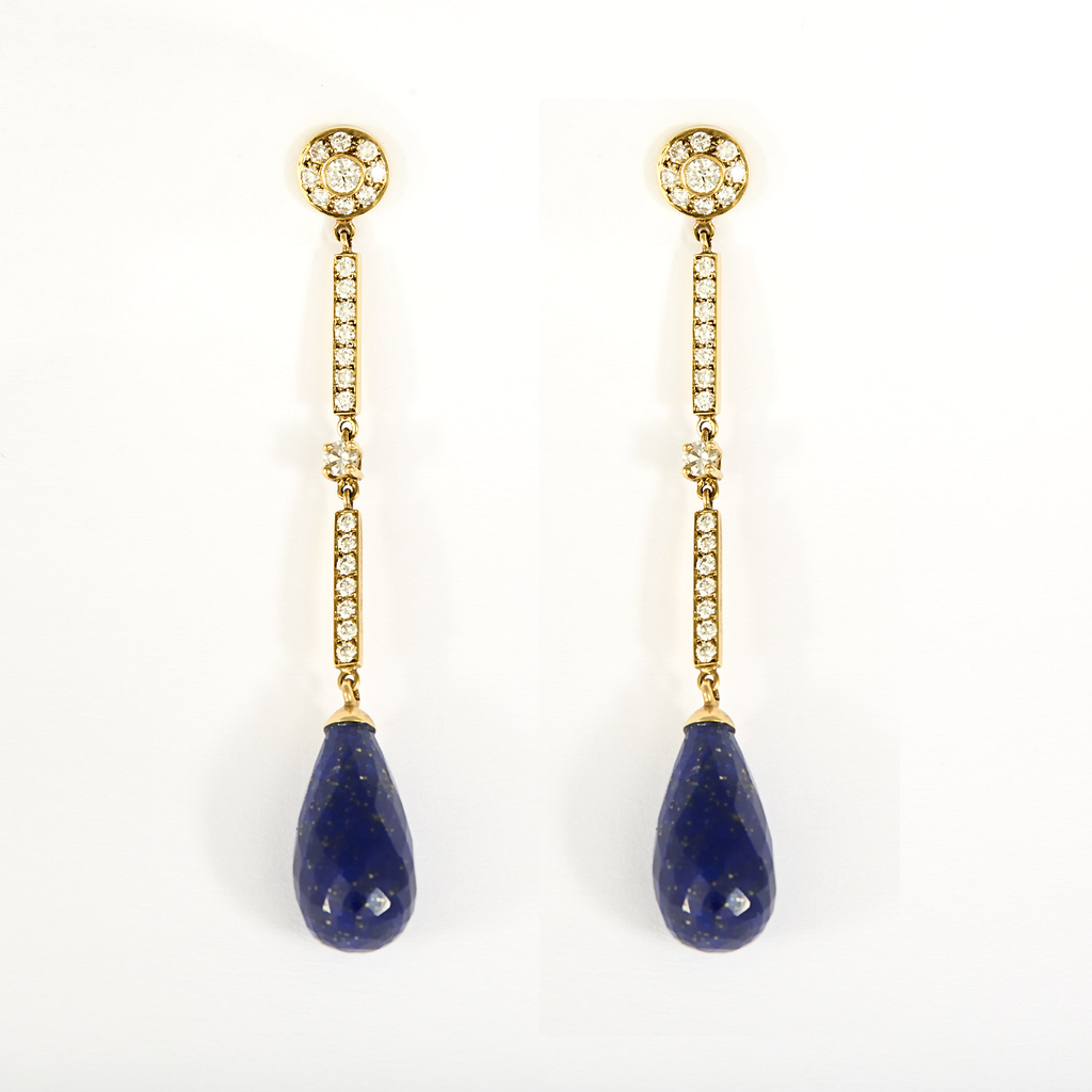 Boucles d'oreilles pendantes or jaune, diamants et lapis-lazuli.
