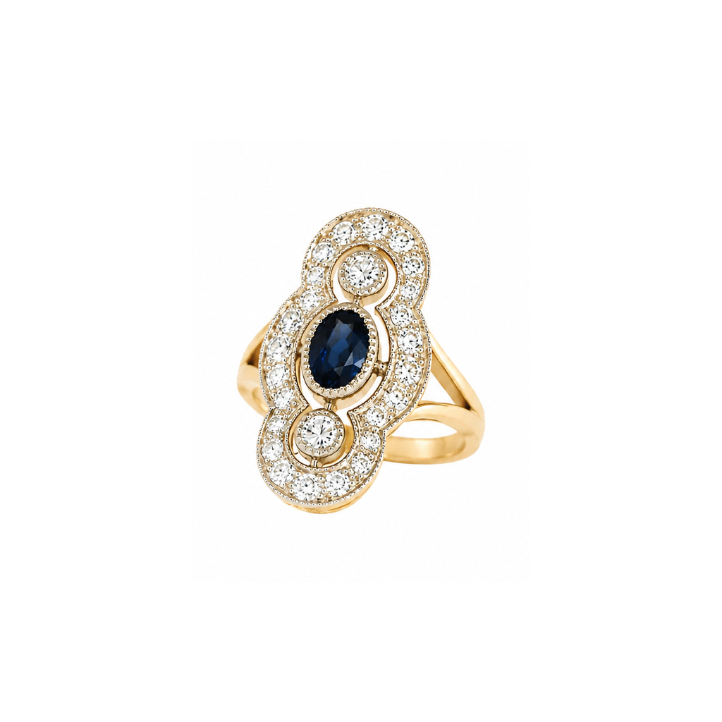 Bague marquise en or jaune, saphir et diamants