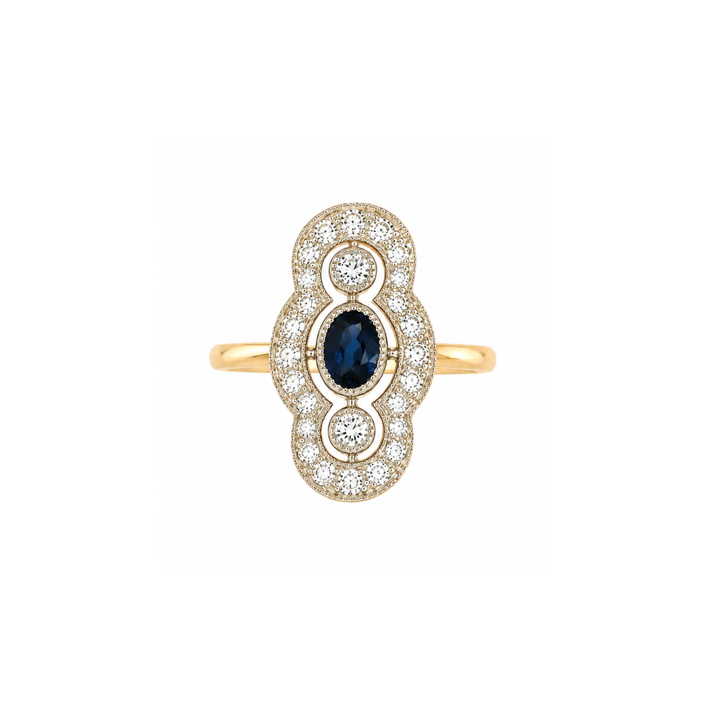 Bague marquise en or jaune, saphir et diamants