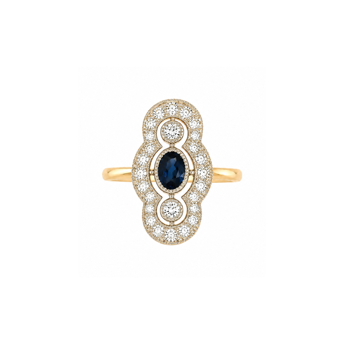 Bague marquise en or jaune, saphir et diamants