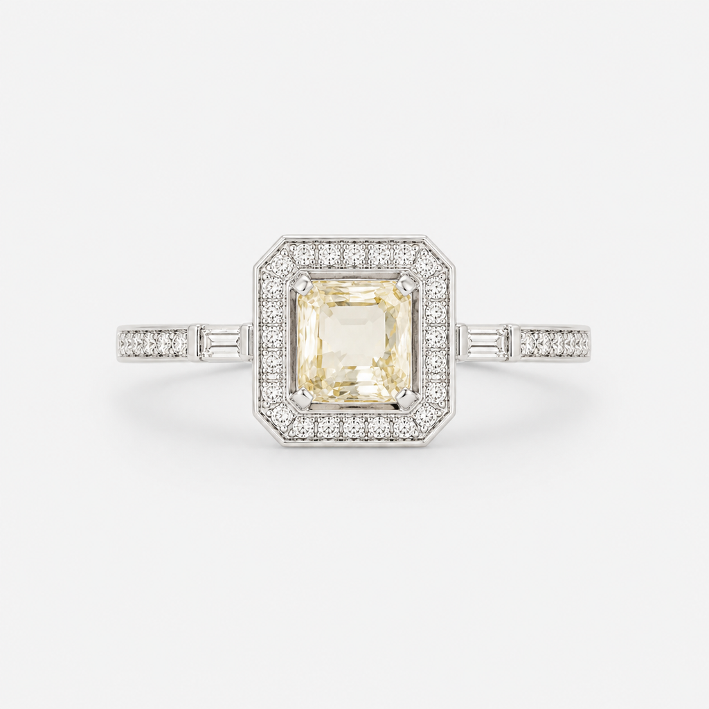 Bague style "Art Deco" en or blanc, saphir jaune et diamants.