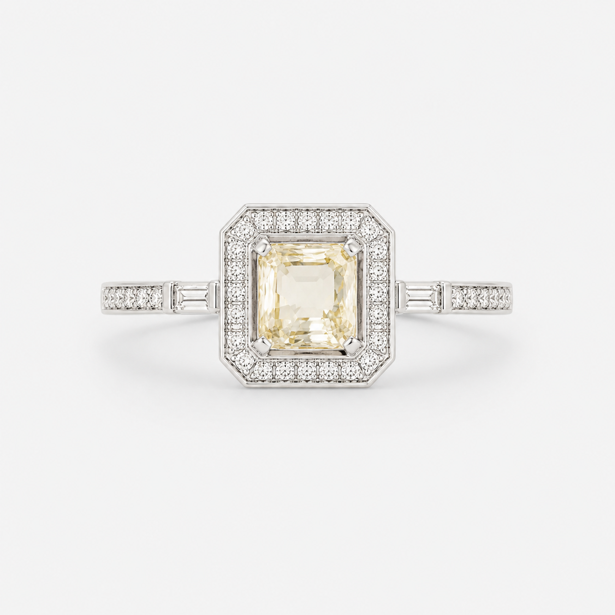 Bague style "Art Deco" en or blanc, saphir jaune et diamants.