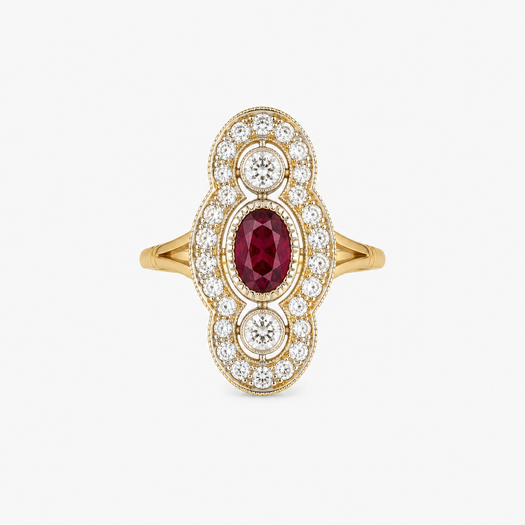 Bague style "Art Deco" en or jaune, platine, diamants et centre rubis