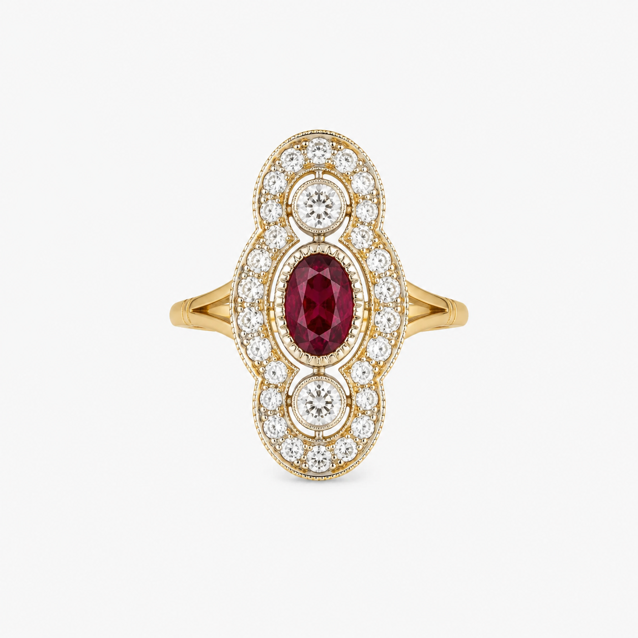 Bague style "Art Deco" en or jaune, platine, diamants et centre rubis