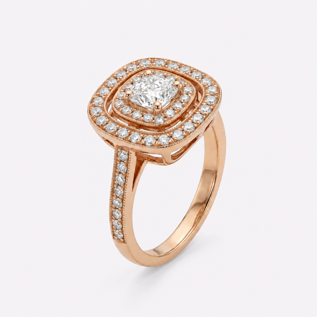 Bague "Mylène" PM en rose et diamant coussin.