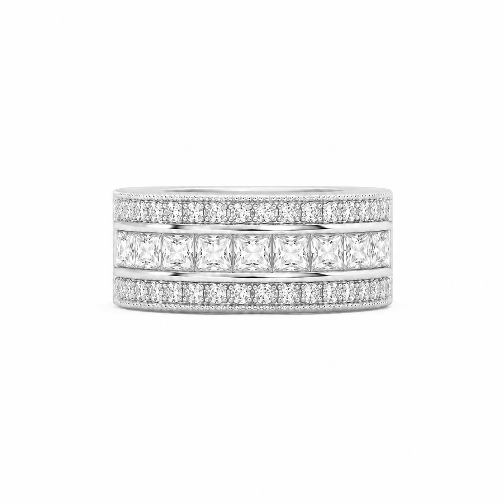 Bague demie alliance diamants princesses en or blanc.